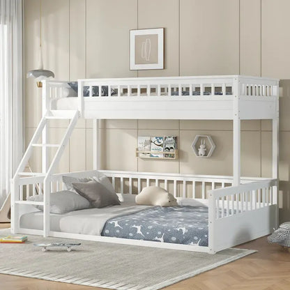 Twin XL over Queen Bunk Bed with Ladder and Guardrails, White