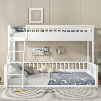 Twin XL over Queen Bunk Bed with Ladder and Guardrails, White