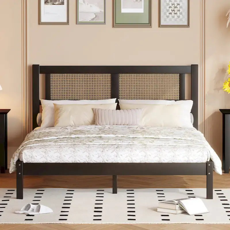 Modern Style Wooden Platform Bed with Natural Rattan Headboard for Bedroom