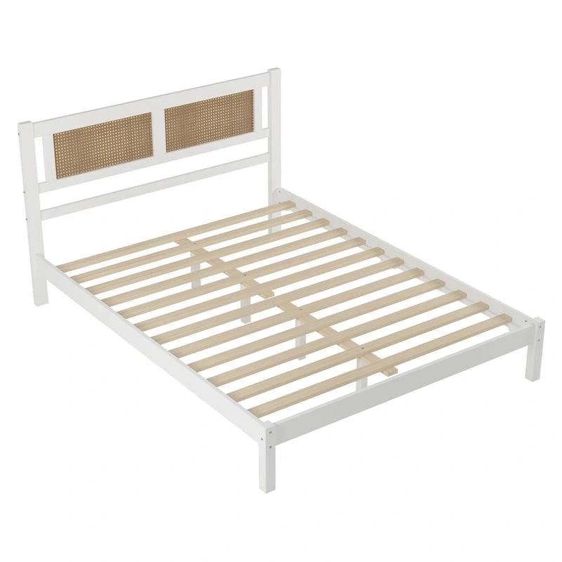 Modern Style Wooden Platform Bed with Natural Rattan Headboard for Bedroom