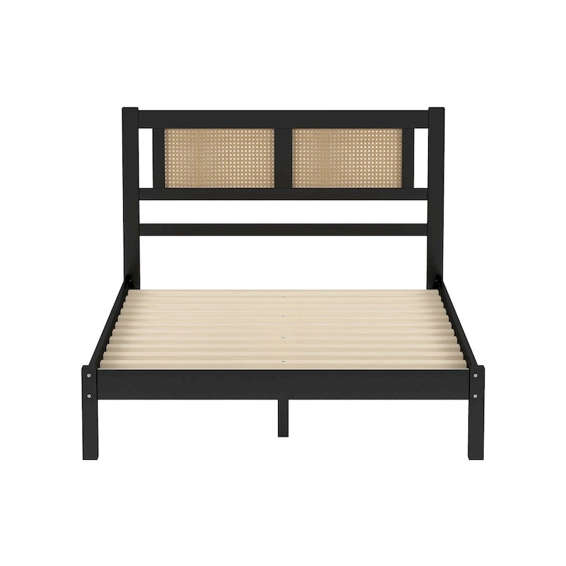 Modern Style Wooden Platform Bed with Natural Rattan Headboard for Bedroom