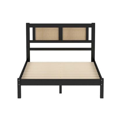 Modern Style Wooden Platform Bed with Natural Rattan Headboard for Bedroom