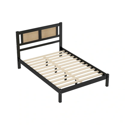 Modern Style Wooden Platform Bed with Natural Rattan Headboard for Bedroom