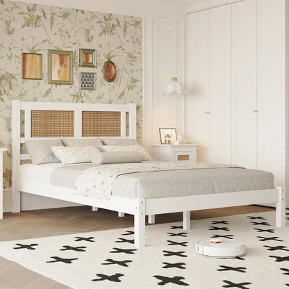 Modern Style Wooden Platform Bed with Natural Rattan Headboard for Bedroom