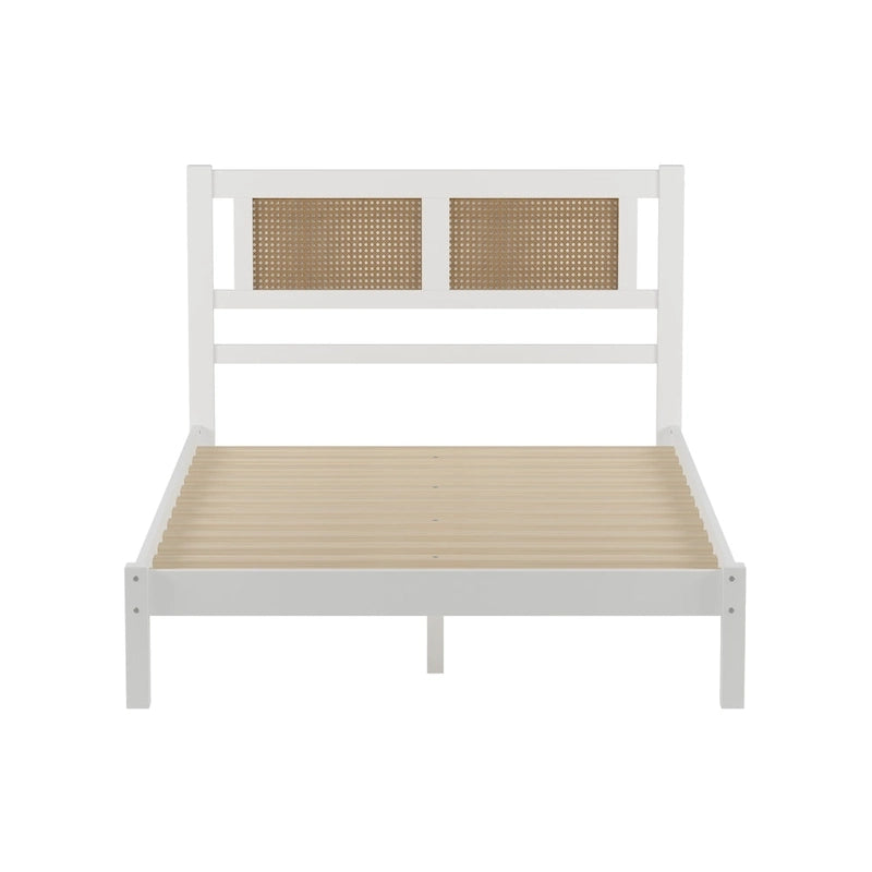 Modern Style Wooden Platform Bed with Natural Rattan Headboard for Bedroom