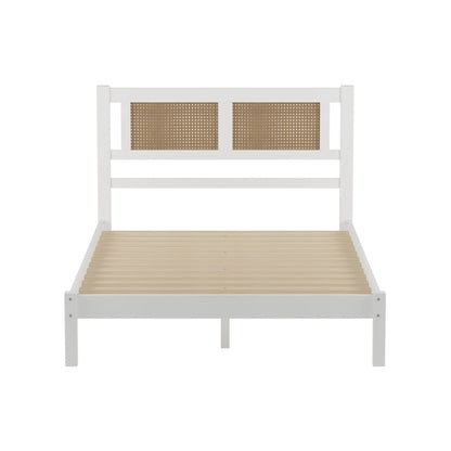Modern Style Wooden Platform Bed with Natural Rattan Headboard for Bedroom