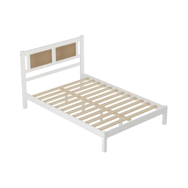 Modern Style Wooden Platform Bed with Natural Rattan Headboard for Bedroom