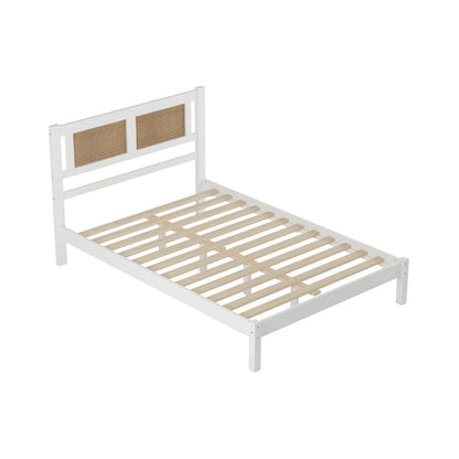 Modern Style Wooden Platform Bed with Natural Rattan Headboard for Bedroom