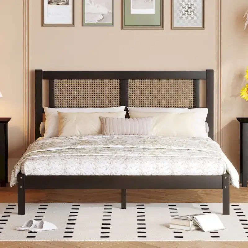 Modern Style Wooden Platform Bed with Natural Rattan Headboard for Bedroom