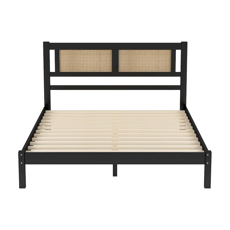 Modern Style Wooden Platform Bed with Natural Rattan Headboard for Bedroom