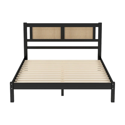 Modern Style Wooden Platform Bed with Natural Rattan Headboard for Bedroom
