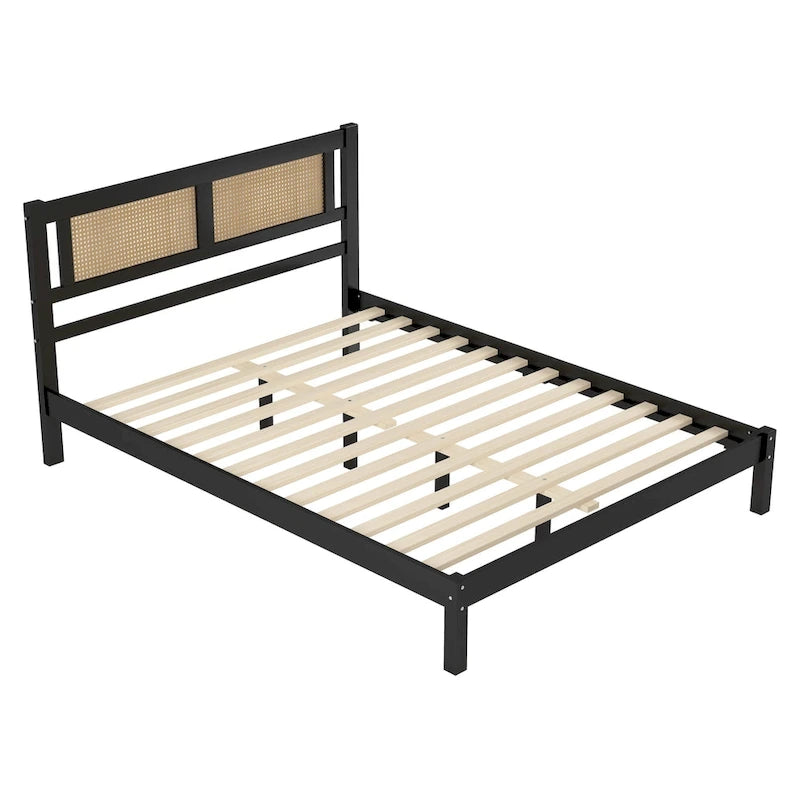 Modern Style Wooden Platform Bed with Natural Rattan Headboard for Bedroom