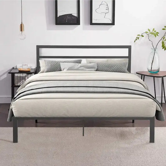 Modern Style Queen Size Strong Steel Metal Platform Bed with Headboard for Bedroom
