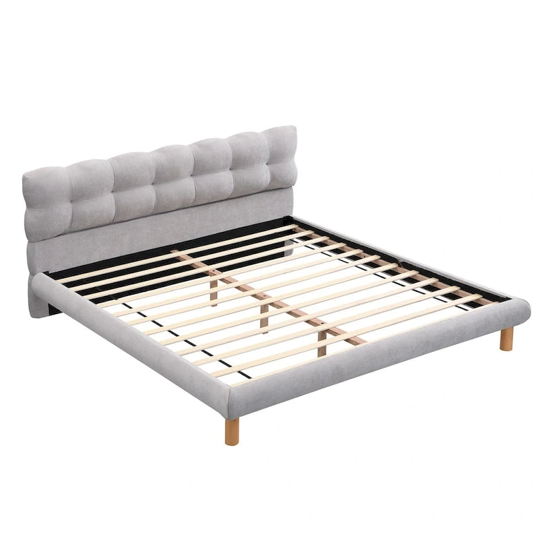 King Size Upholstered Platform with Cookie-Shaped Headboard 12 Slat Support