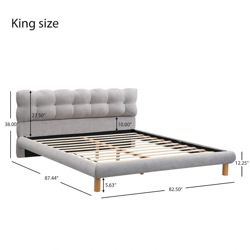 King Size Upholstered Platform with Cookie-Shaped Headboard 12 Slat Support