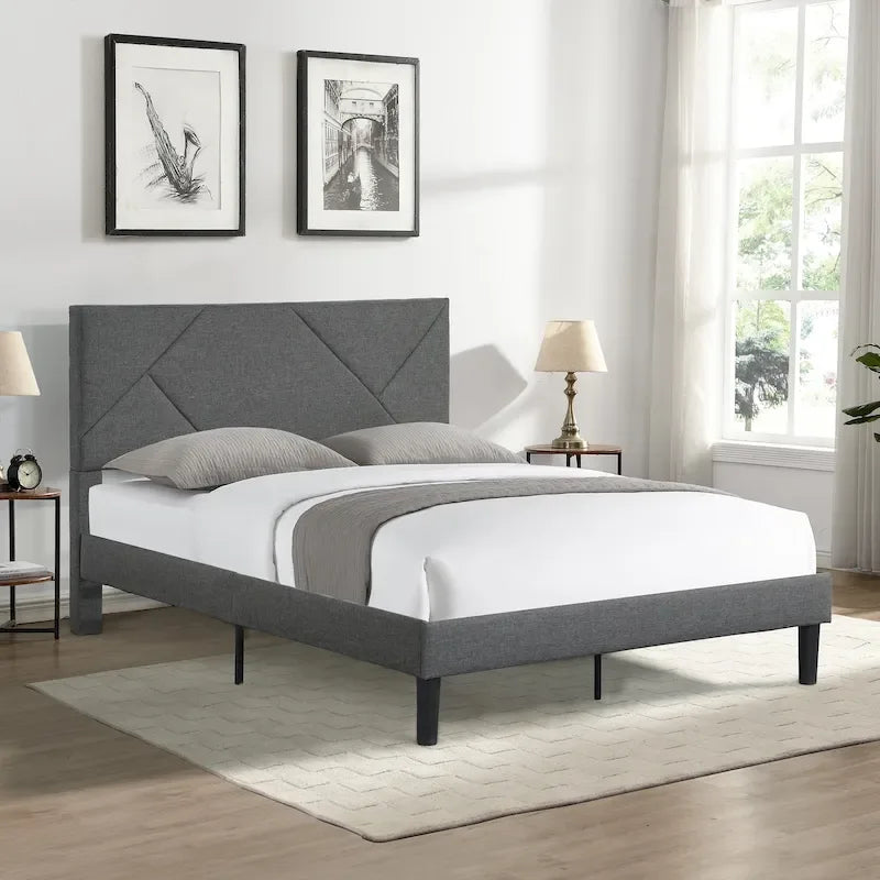 Queen Size Upholstered Platform Bed with Wood Slat Support for Bedroom