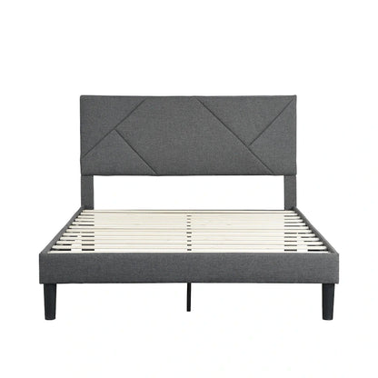Queen Size Upholstered Platform Bed with Wood Slat Support for Bedroom