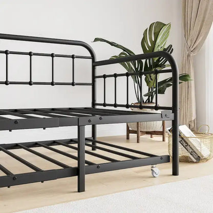 Twin Size Metal Daybed with Trundle and Heavy Duty Steel Slat Support for Bedroom