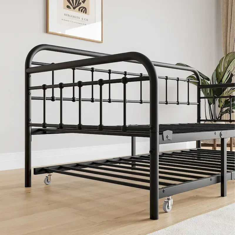 Twin Size Metal Daybed with Trundle and Heavy Duty Steel Slat Support for Bedroom