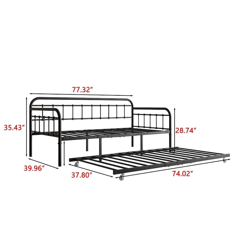 Twin Size Metal Daybed with Trundle and Heavy Duty Steel Slat Support for Bedroom