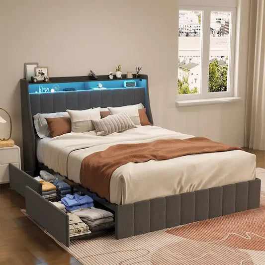 Platform Bed with LED and Storage Drawers