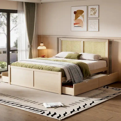 Wood Storage Platform Bed with 4 Drawers and Rattan Headboard