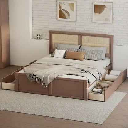 Wood Storage Platform Bed with 4 Drawers and Rattan Headboard