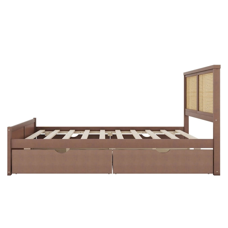 Wood Storage Platform Bed with 4 Drawers and Rattan Headboard