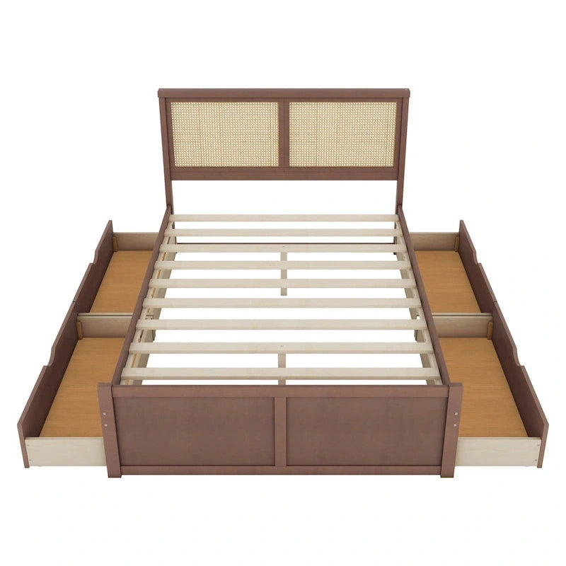 Wood Storage Platform Bed with 4 Drawers and Rattan Headboard