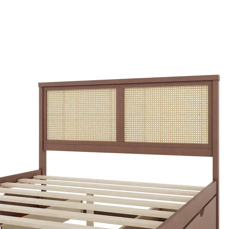 Wood Storage Platform Bed with 4 Drawers and Rattan Headboard