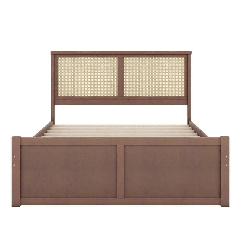 Wood Storage Platform Bed with 4 Drawers and Rattan Headboard