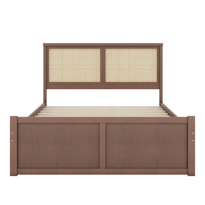 Wood Storage Platform Bed with 4 Drawers and Rattan Headboard