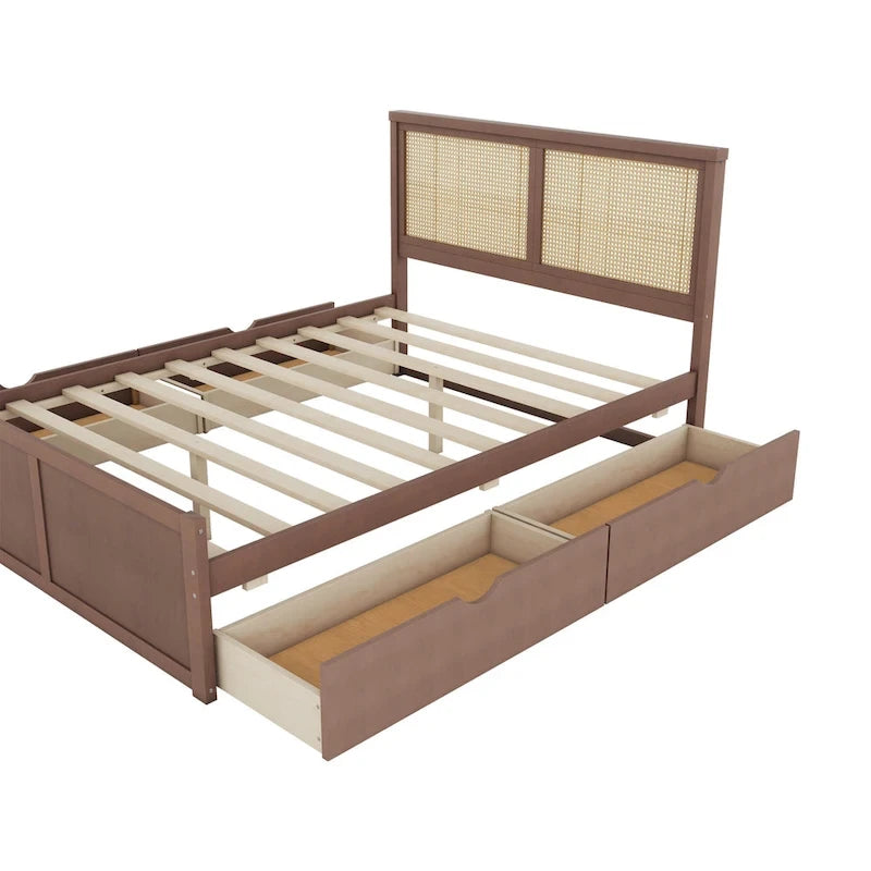Wood Storage Platform Bed with 4 Drawers and Rattan Headboard