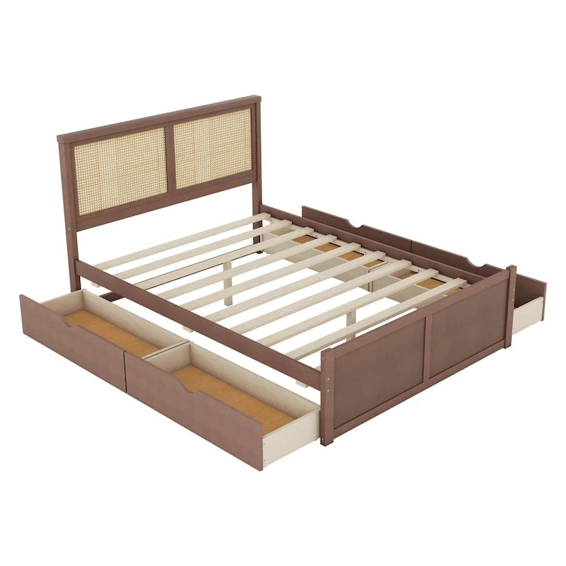 Wood Storage Platform Bed with 4 Drawers and Rattan Headboard
