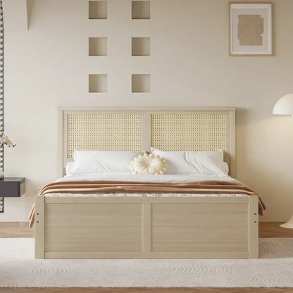 Wood Storage Platform Bed with 4 Drawers and Rattan Headboard