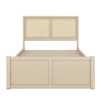 Wood Storage Platform Bed with 4 Drawers and Rattan Headboard