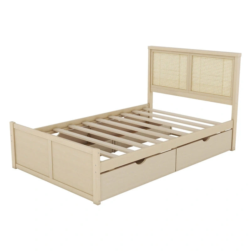 Wood Storage Platform Bed with 4 Drawers and Rattan Headboard