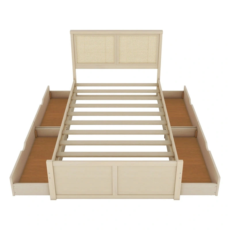 Wood Storage Platform Bed with 4 Drawers and Rattan Headboard
