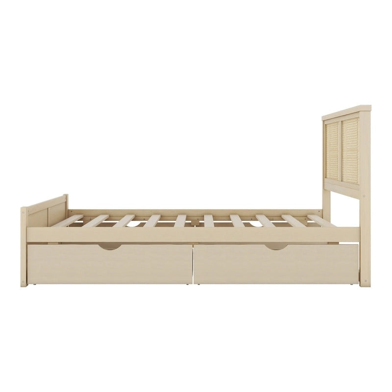 Wood Storage Platform Bed with 4 Drawers and Rattan Headboard