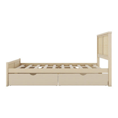 Wood Storage Platform Bed with 4 Drawers and Rattan Headboard