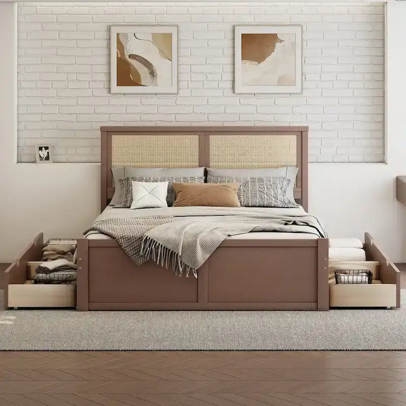 Wood Storage Platform Bed with 4 Drawers and Rattan Headboard