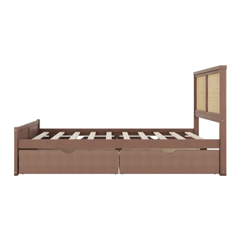 Wood Storage Platform Bed with 4 Drawers and Rattan Headboard