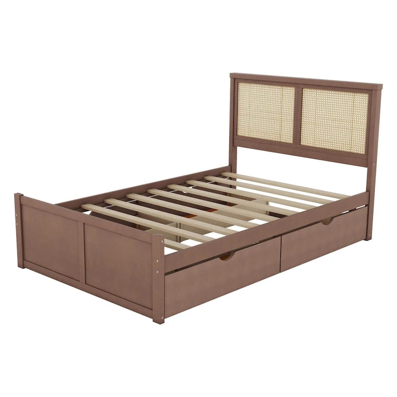Wood Storage Platform Bed with 4 Drawers and Rattan Headboard