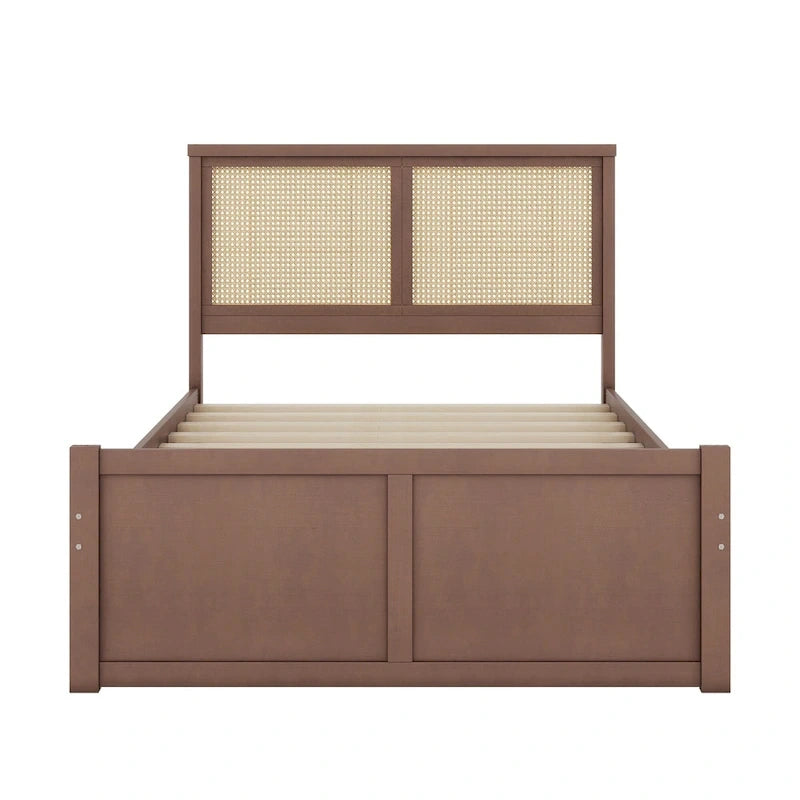 Wood Storage Platform Bed with 4 Drawers and Rattan Headboard