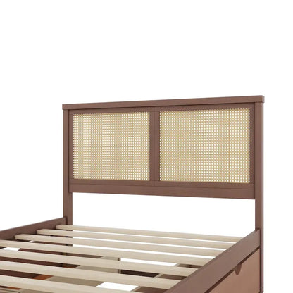 Wood Storage Platform Bed with 4 Drawers and Rattan Headboard