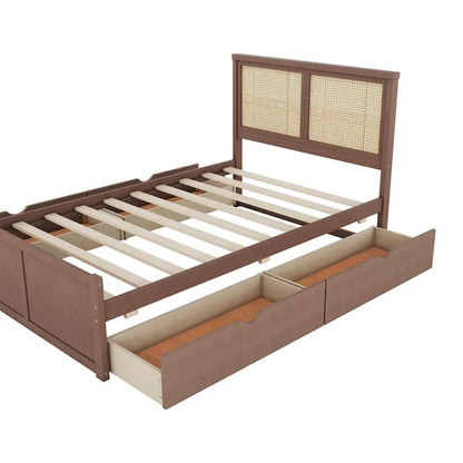 Wood Storage Platform Bed with 4 Drawers and Rattan Headboard