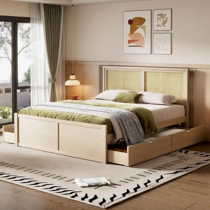 Wood Storage Platform Bed with 4 Drawers and Rattan Headboard