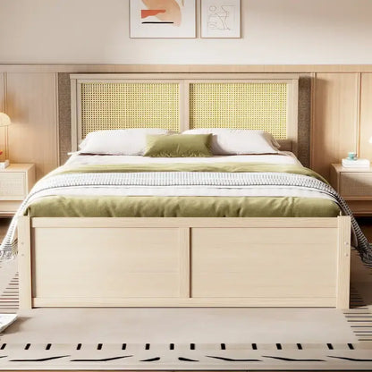 Wood Storage Platform Bed with 4 Drawers and Rattan Headboard