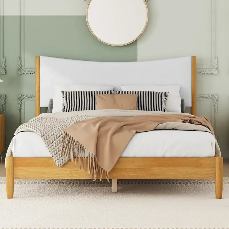 Natural Queen Size Rubber Wooden with Platform Bed Teddy Velvet Cushion Upholstered Headboard