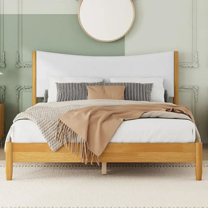 Natural Queen Size Rubber Wooden with Platform Bed Teddy Velvet Cushion Upholstered Headboard